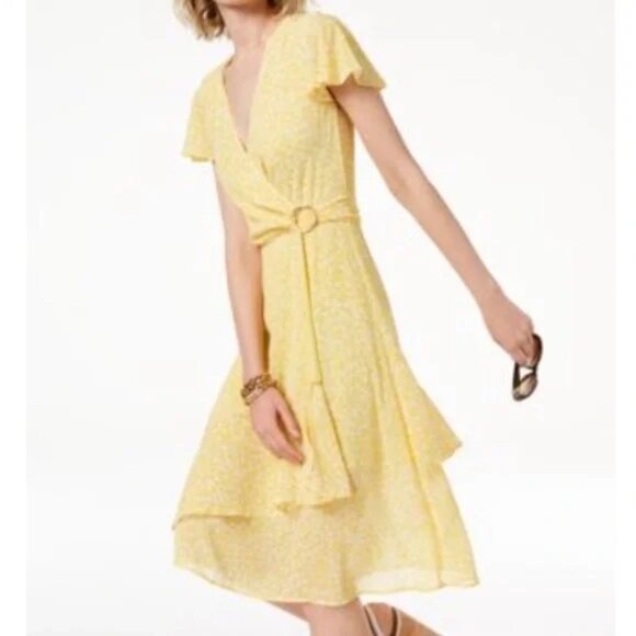 MICHAEL Michael Kors Asymmetrical Floral-Print Flutter Sleeves Wrap Dress - Picture 1 of 3